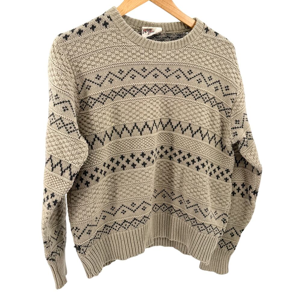 Vintage 90s Nick Danger Beige Black 100% Cotton Fair Isle Crewneck Knit Sweater